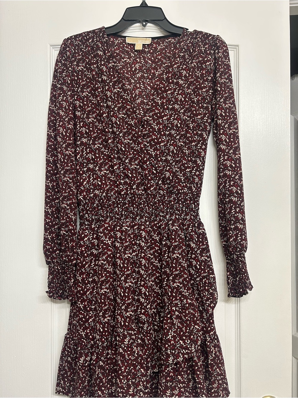 MICHAEL Michael Kors Wine Floral Long-Sleeve Smocked Waist Dress